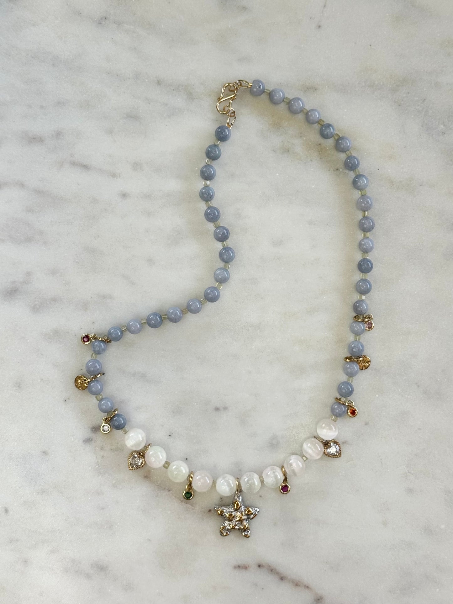 Collier Charms, Sélénite & Angelite — Le souffle du ciel
