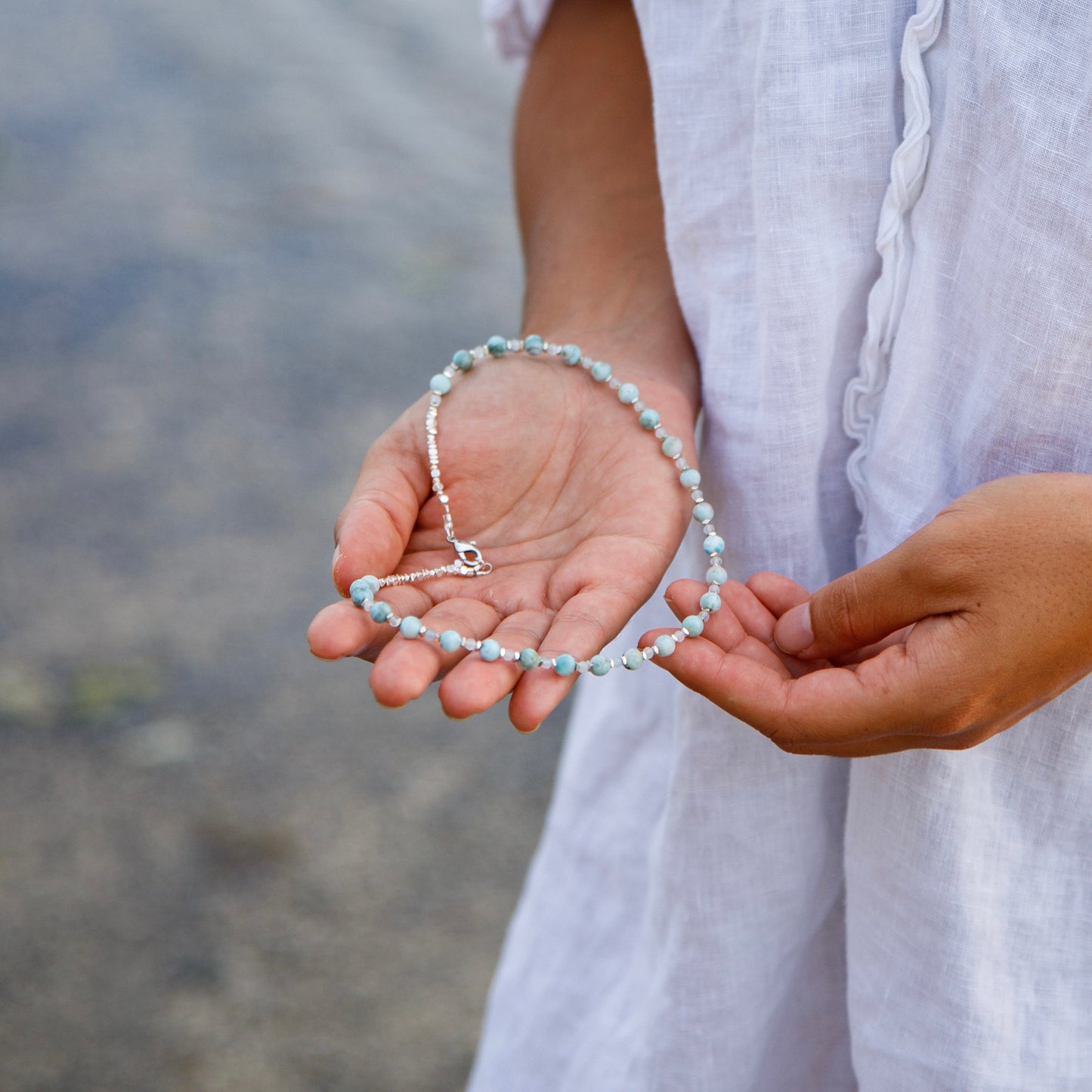 Collier méditation Larimar, Aigue-Marine