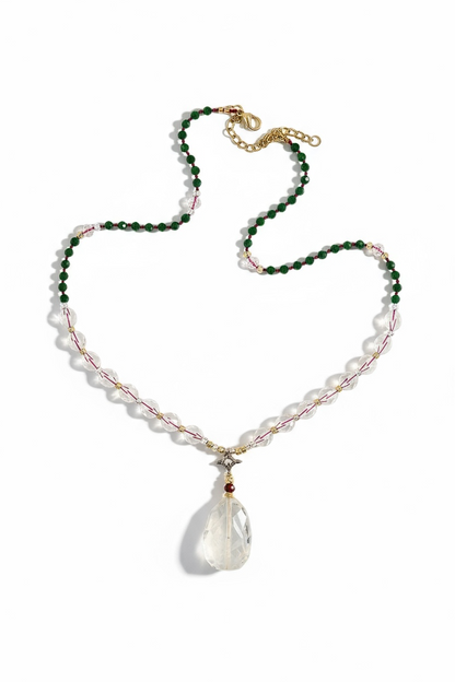 Collier Jade vert, Cristal de roche, Grenat