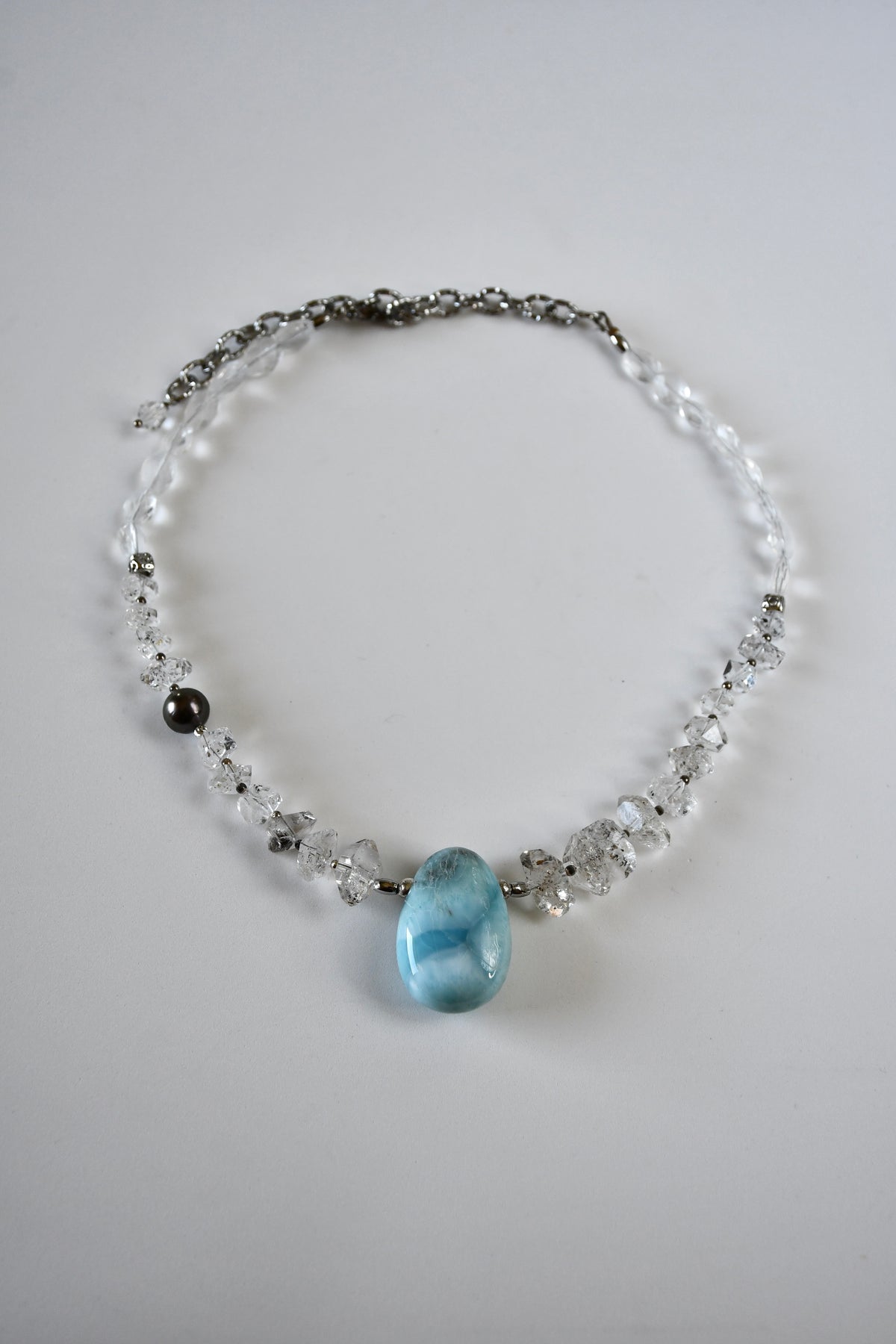 Collier Larimar, Diamants Herkimer & Perle de Tahiti