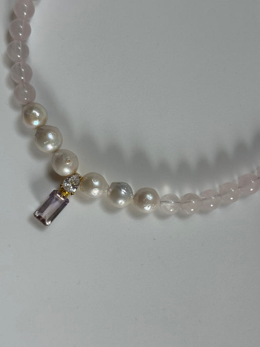 Collier Amétrine, Quartz rose & Perles d’eau douce