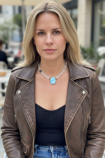 #161 Collier Larimar, Herkimer, Perle de Tahiti & Cristal