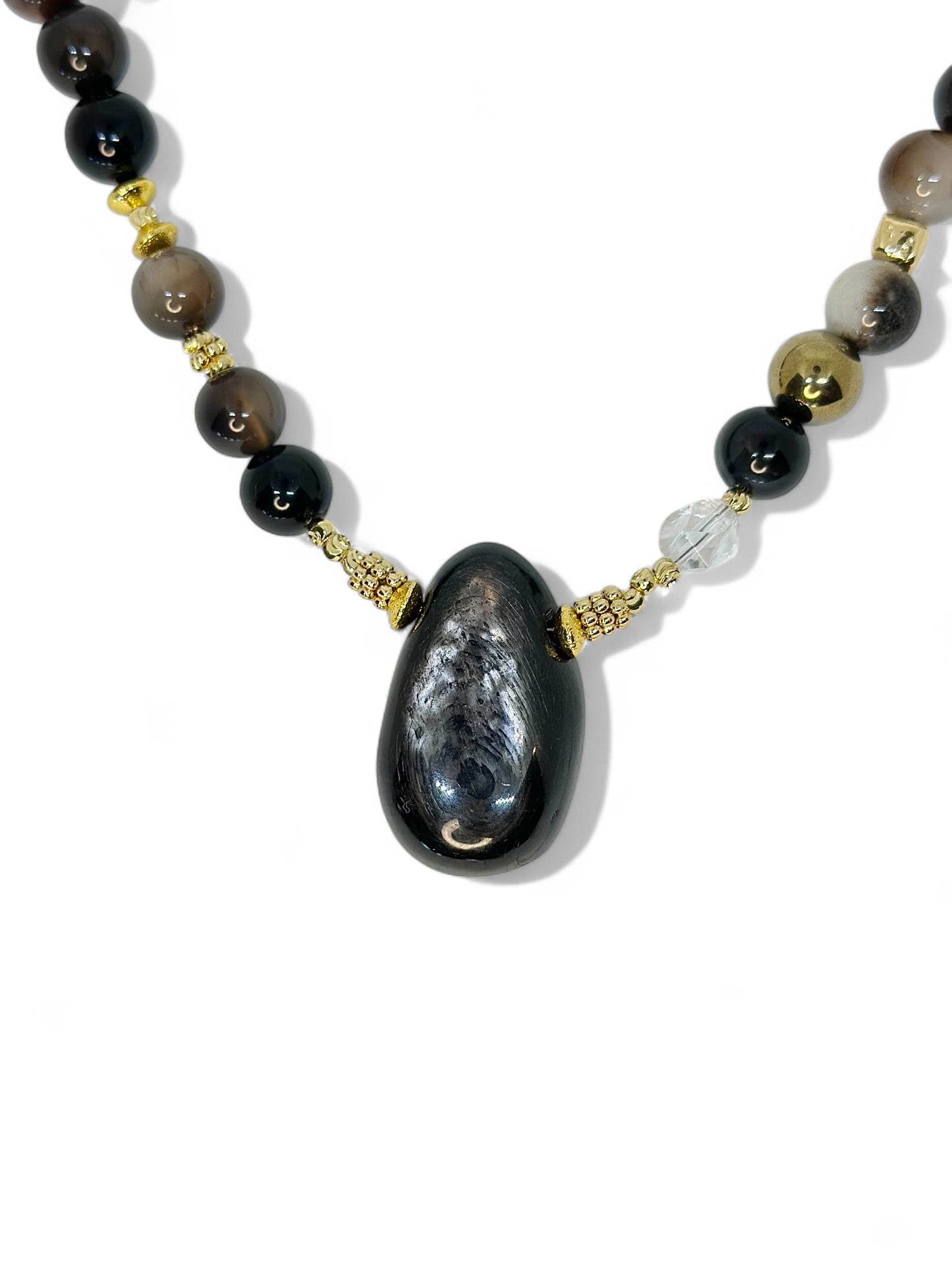 Collier Hyperstène, Agathe, Cristal de roche, Hématite