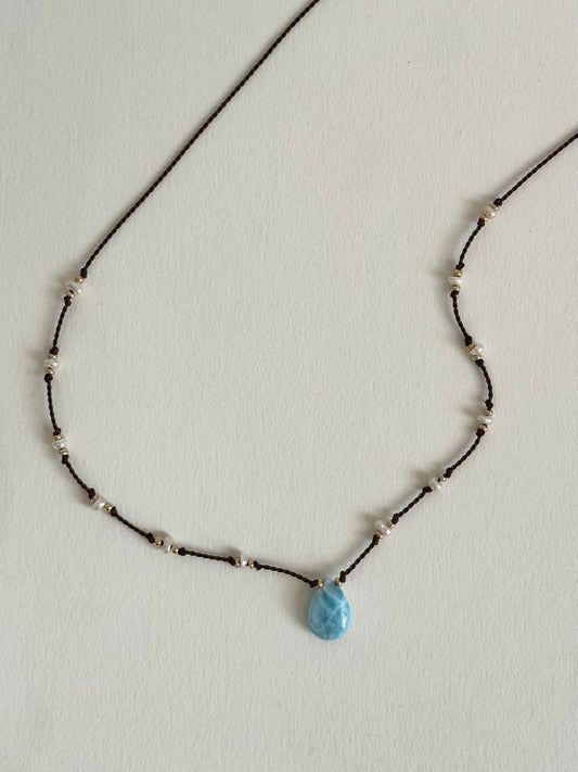 Collier Larimar & Keishi d’eau douce sur soie