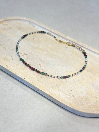 Collier Cristal de Roche, Agate Mousse, Tourmaline rose & Pyrite – Harmonie, enracinement et lumière