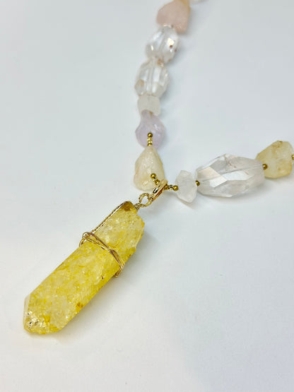 Collier multi Quartz & pendentif Quartz jaune