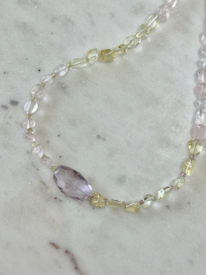 Collier Quartz rose, Quartz citron & Améthyste — Le Trio Solaire