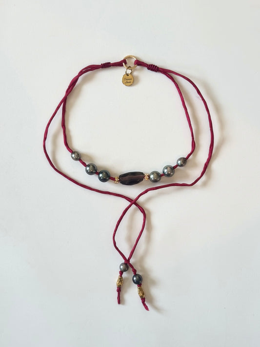 Collier Perles de Tahiti & Quartz fumé sur soie
