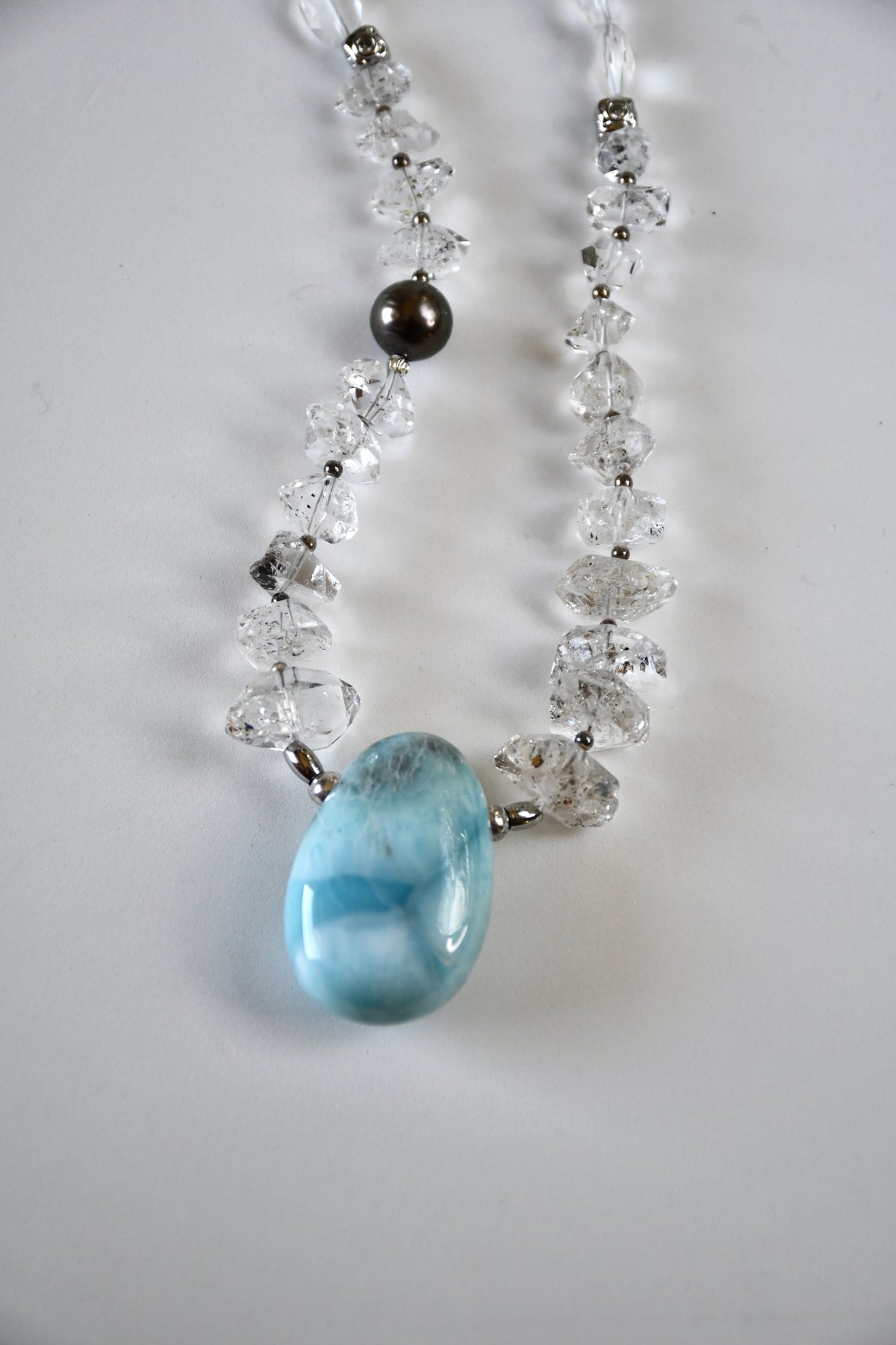 Collier Larimar, Diamants Herkimer & Perle de Tahiti