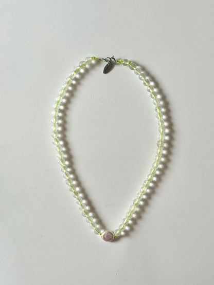 Collier Cristal de roche & Perle sur nylon jaune