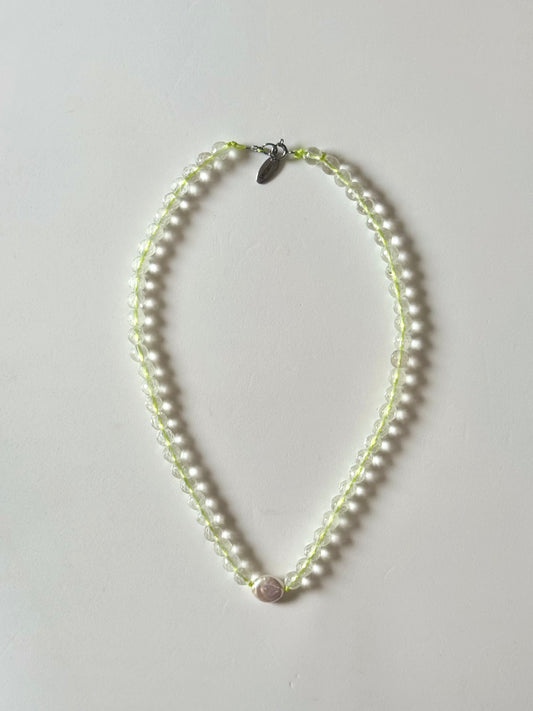 Collier Cristal de roche & Perle sur nylon jaune
