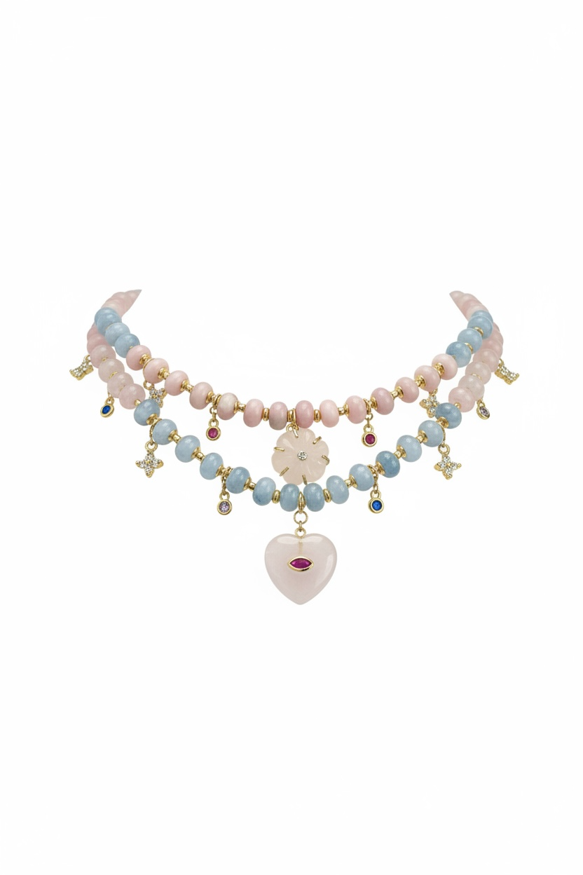 Halsketten Opal, Aquamarin & Rosenquarz + Anhänger