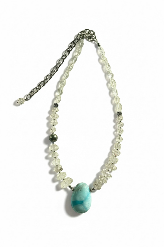 #161 Collier Larimar, Herkimer, Perle de Tahiti & Cristal
