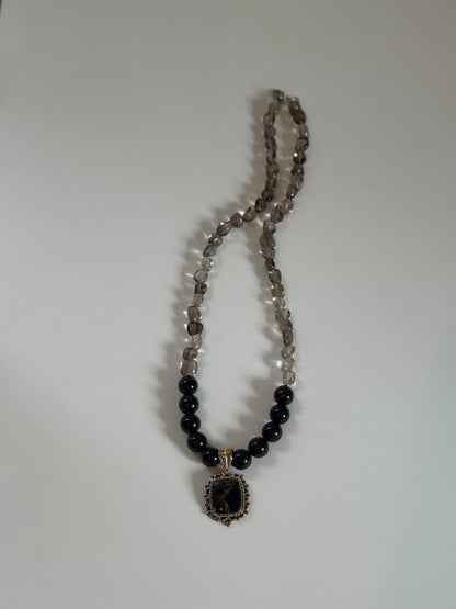 Collier Turquoise noire, Quartz fumé & Grenat
