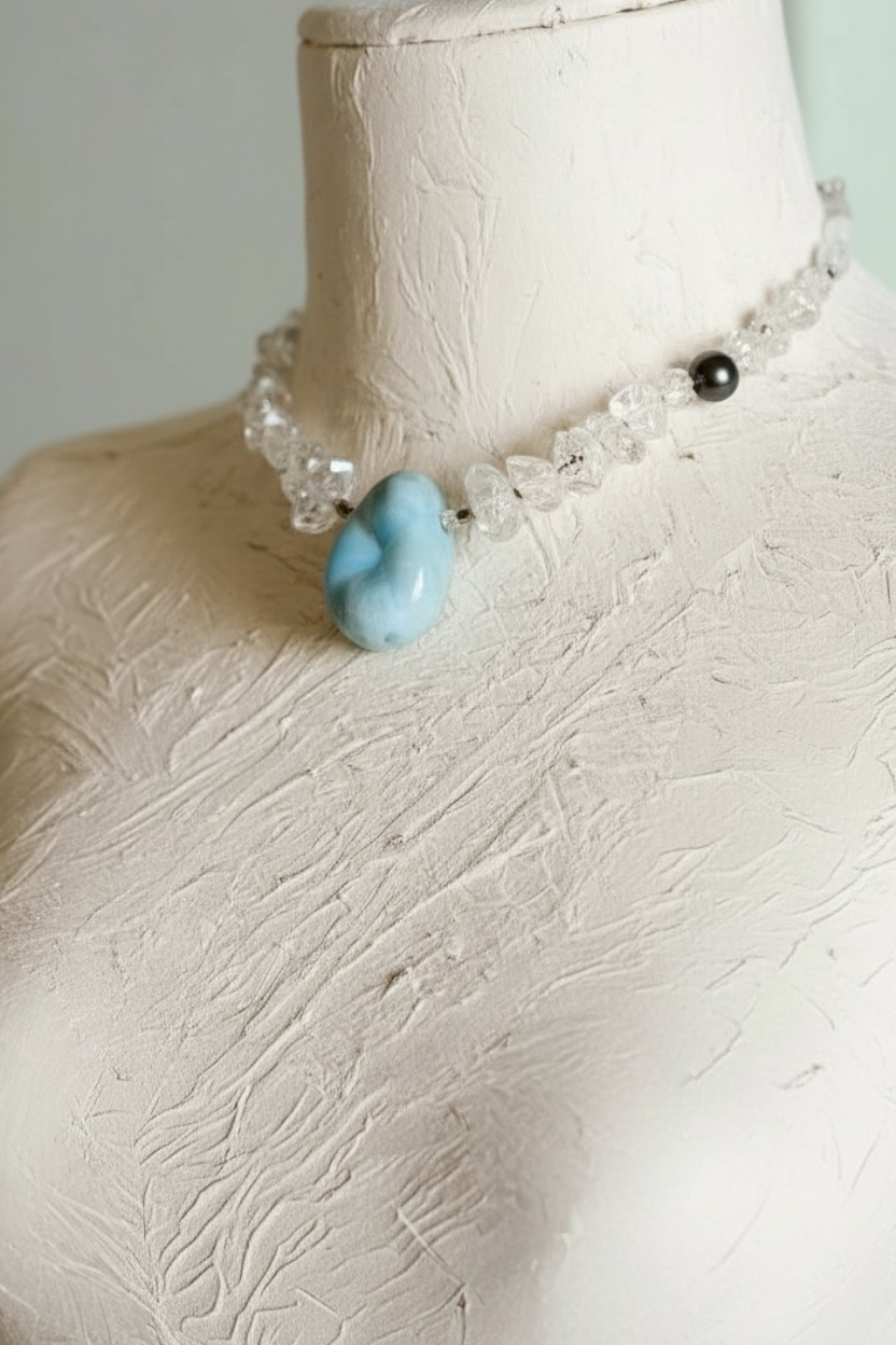 #161 Collier Larimar, Herkimer, Perle de Tahiti & Cristal
