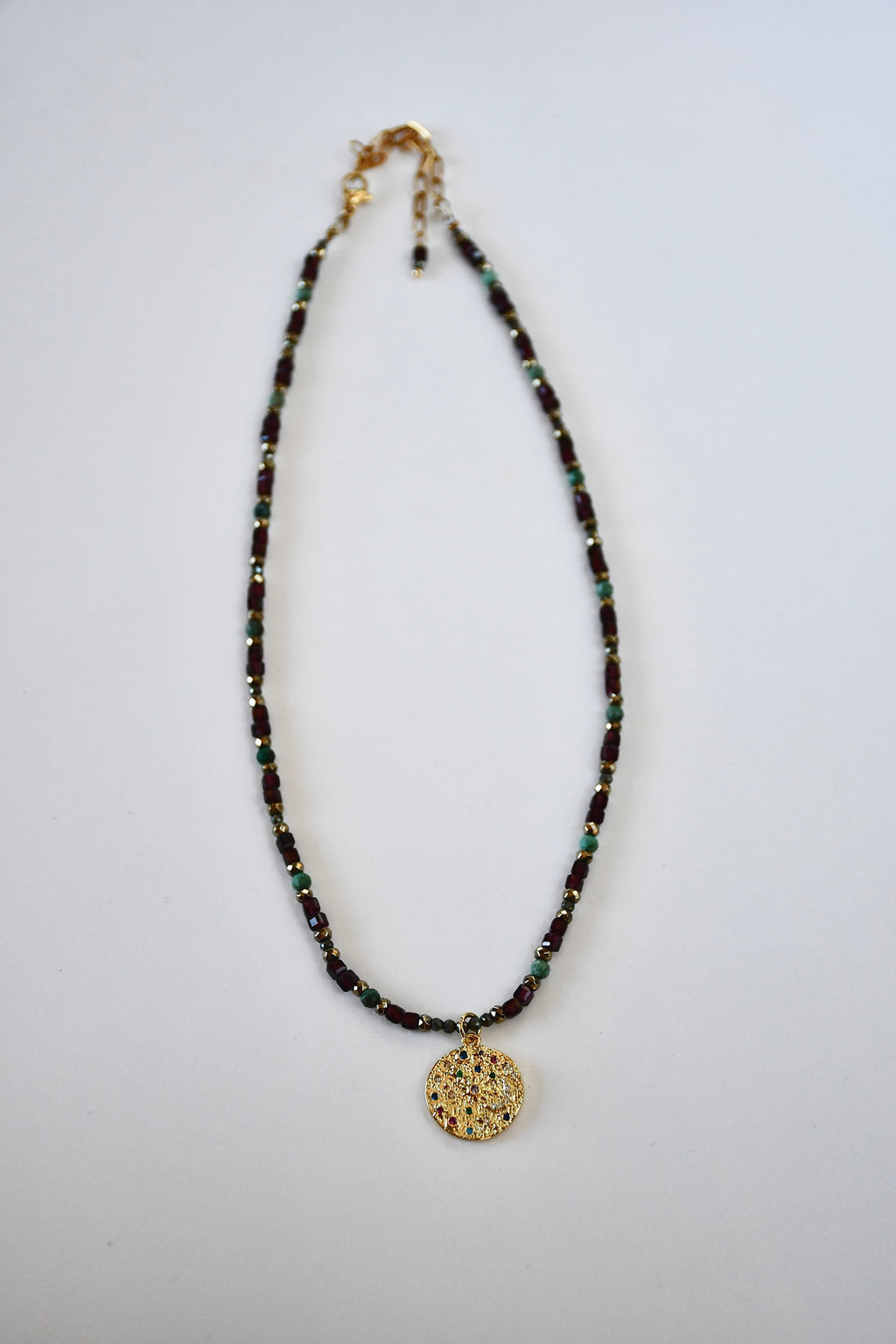 Collier Grenat, Chrysocolle & Pyrite — Le Feu Sacré