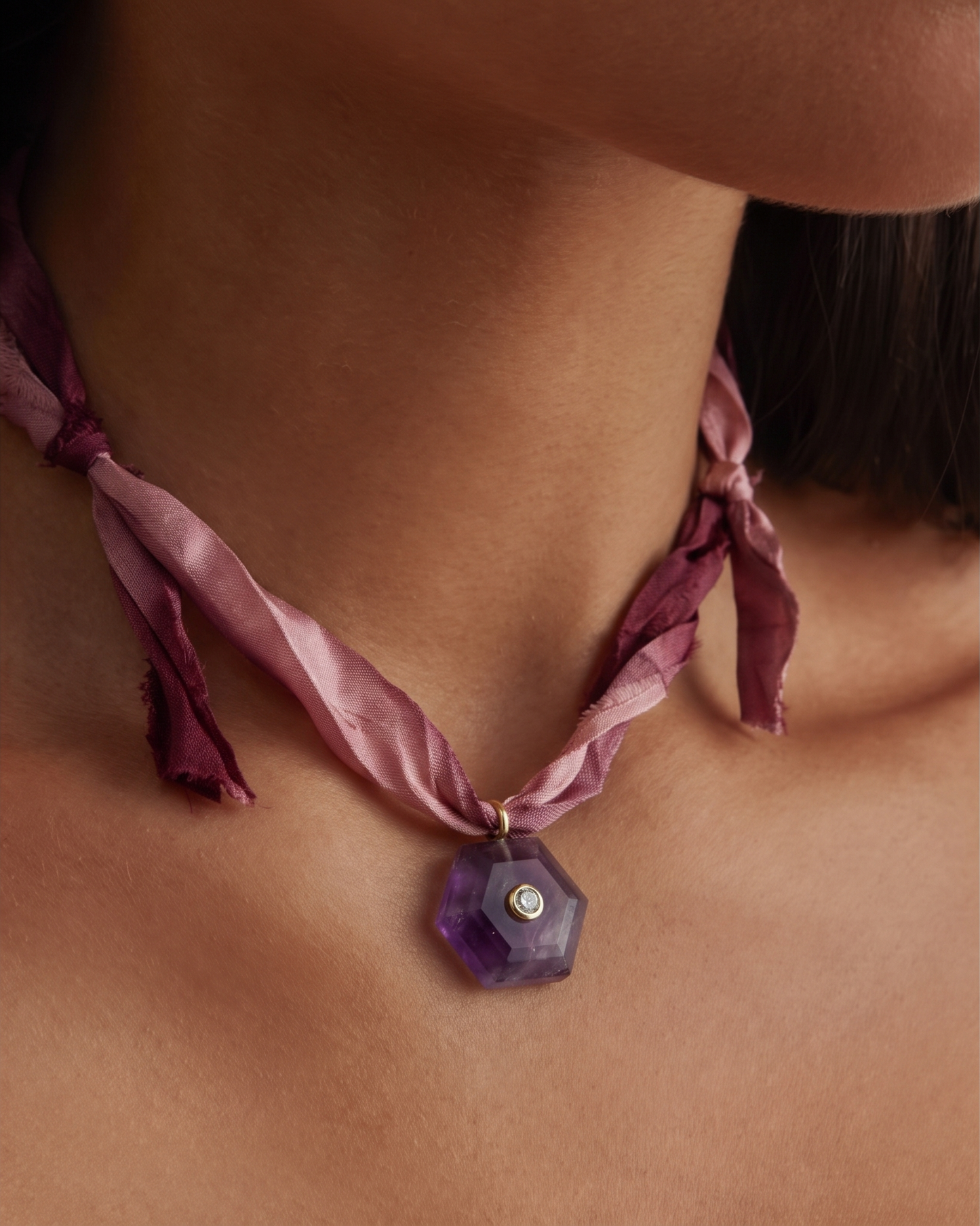 Collier Améthyste sur ruban de soie — L’Éveil Spirituel