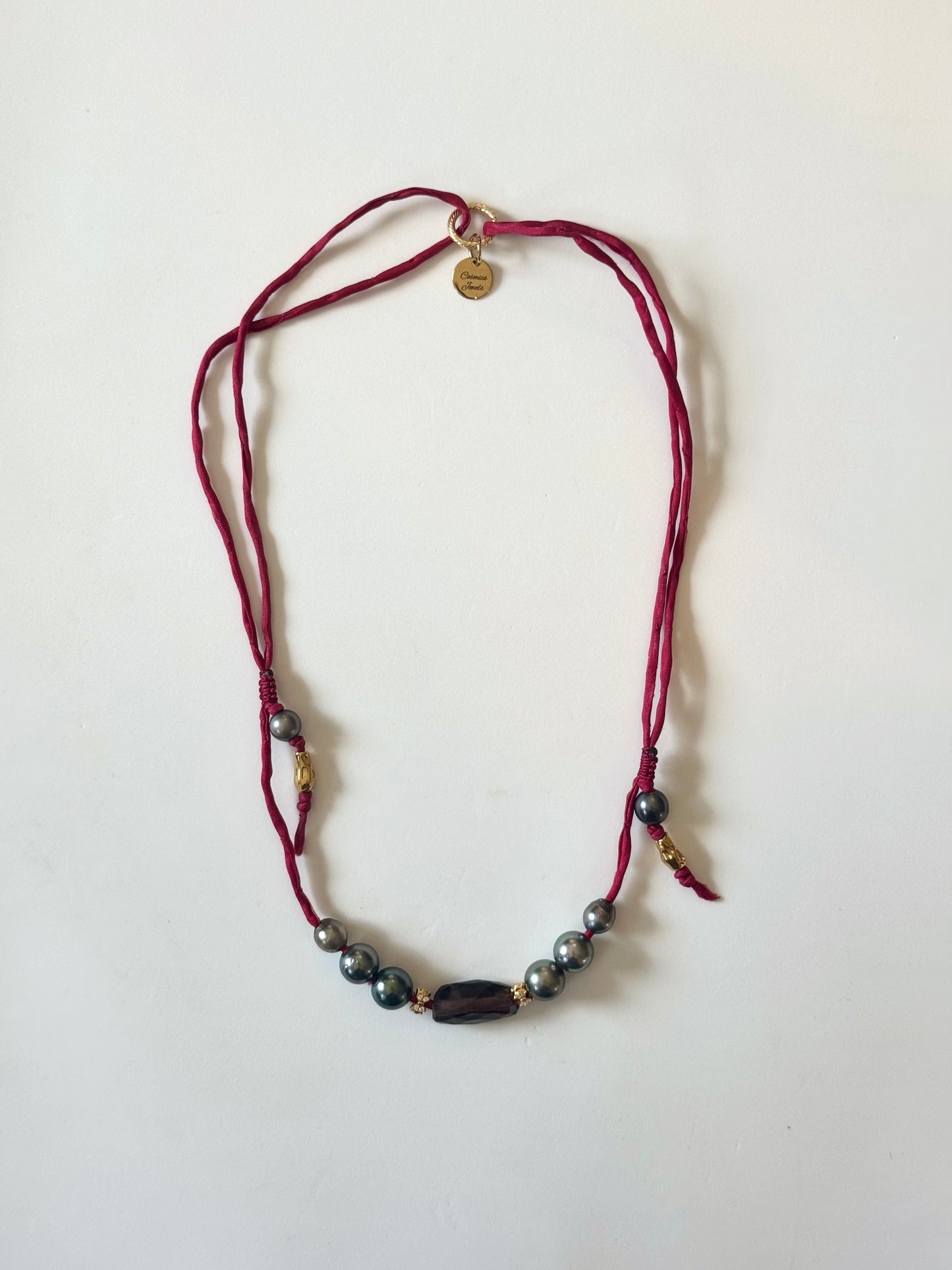 Collier Perles de Tahiti & Quartz fumé sur soie