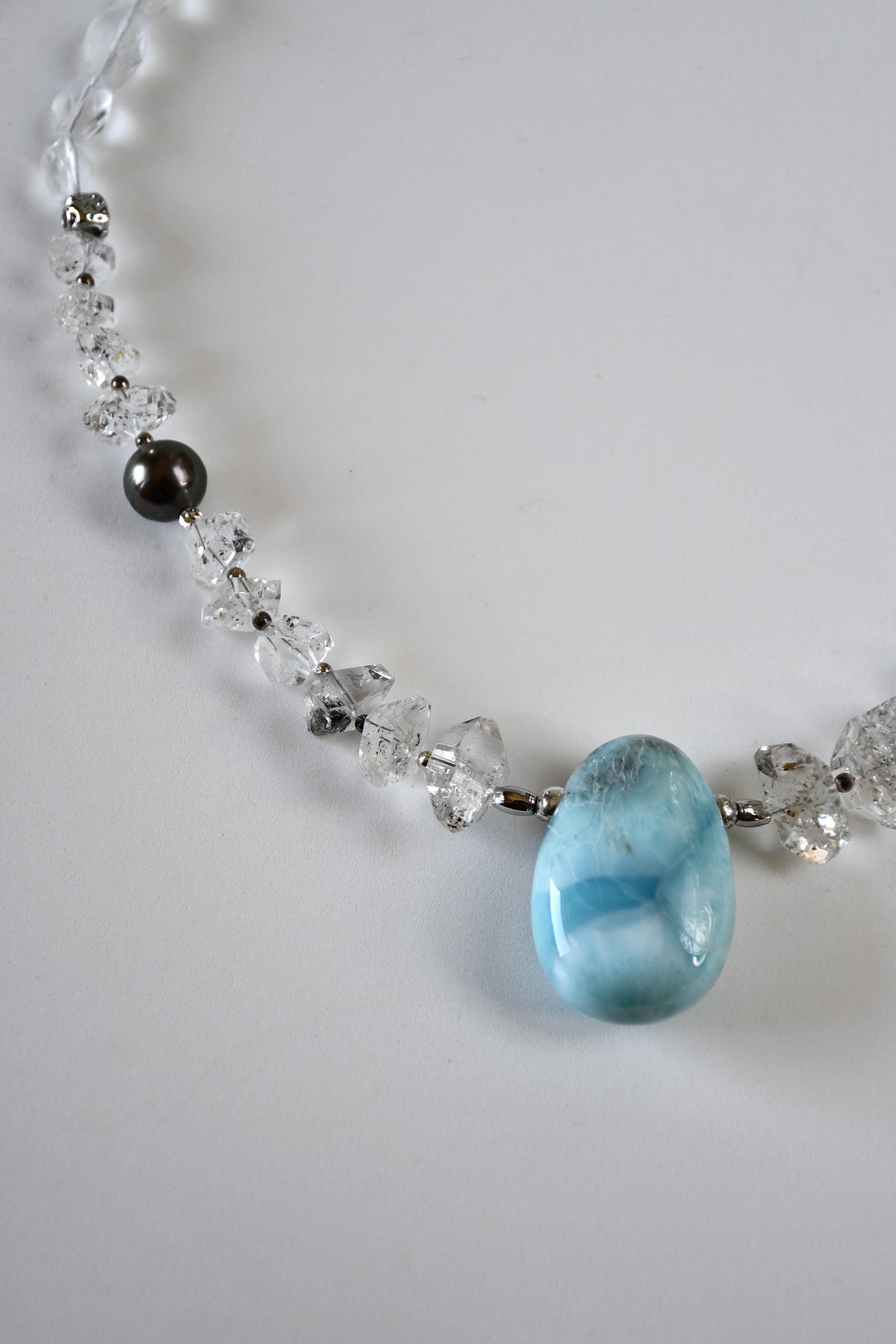 Collier Larimar, Diamants Herkimer & Perle de Tahiti