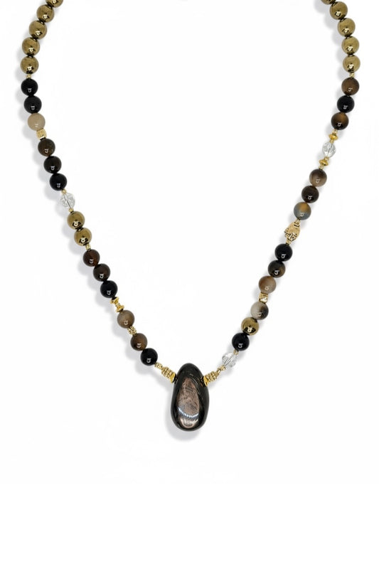 Collier Hyperstène, Agathe, Cristal de roche, Hématite