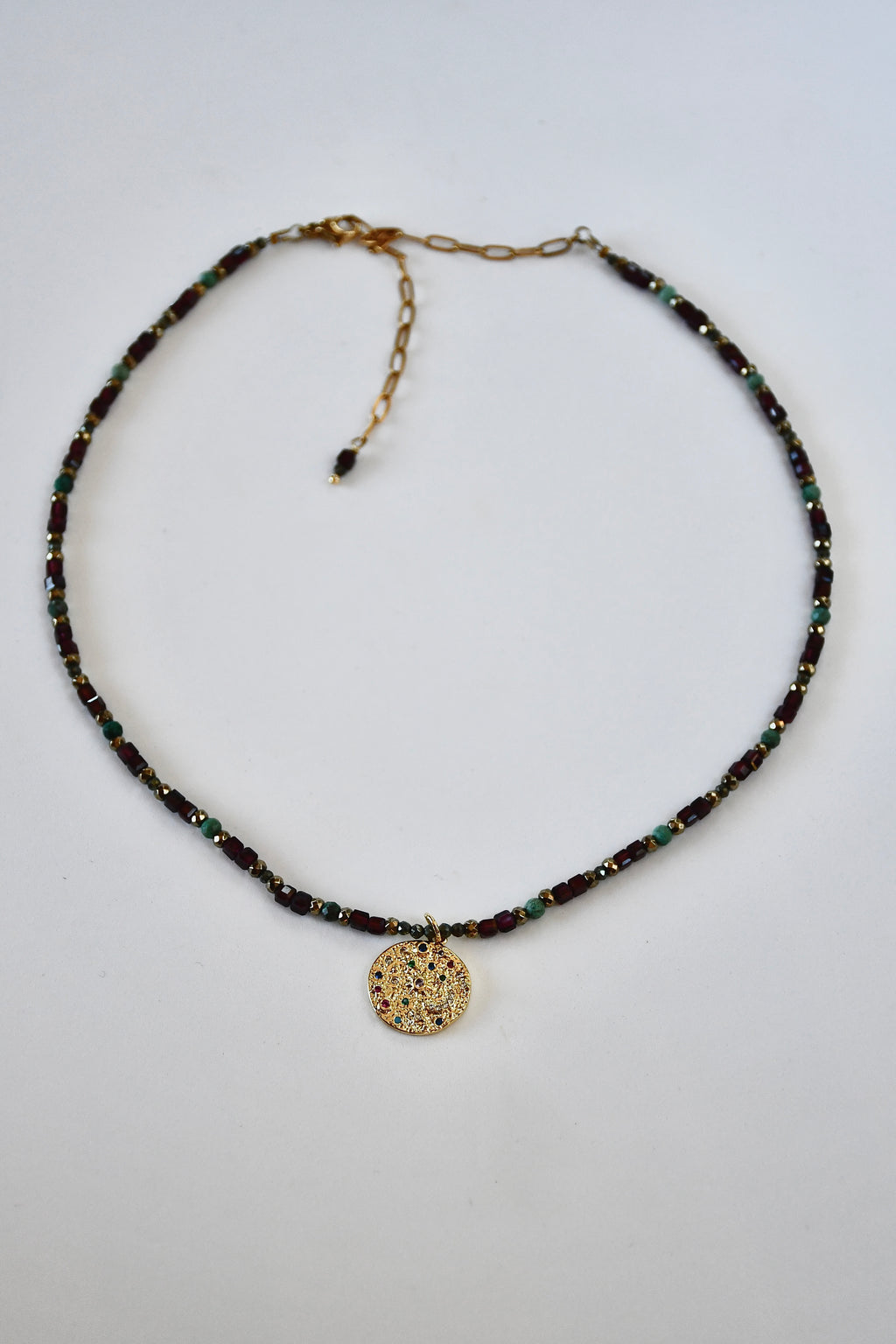 Collier Grenat, Chrysocolle & Pyrite — Le Feu Sacré