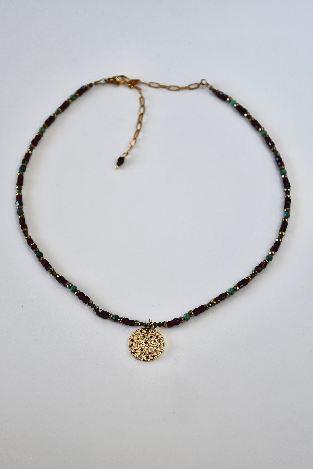 Collier Grenat, Chrysocolle & Pyrite — Le Feu Sacré