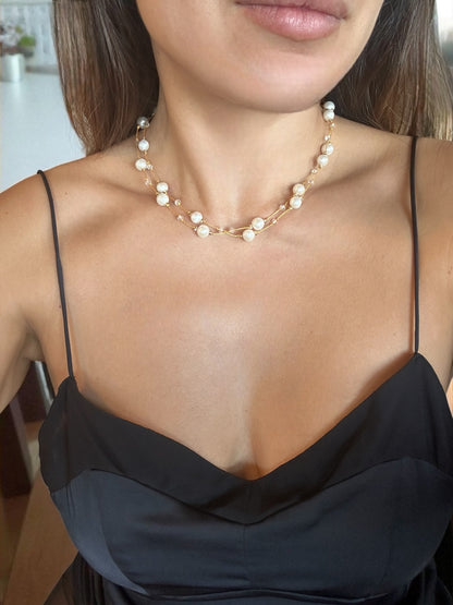 Collier “Cycle de lumière”, 21 perles de culture, doré, à porter en double ou en sautoir