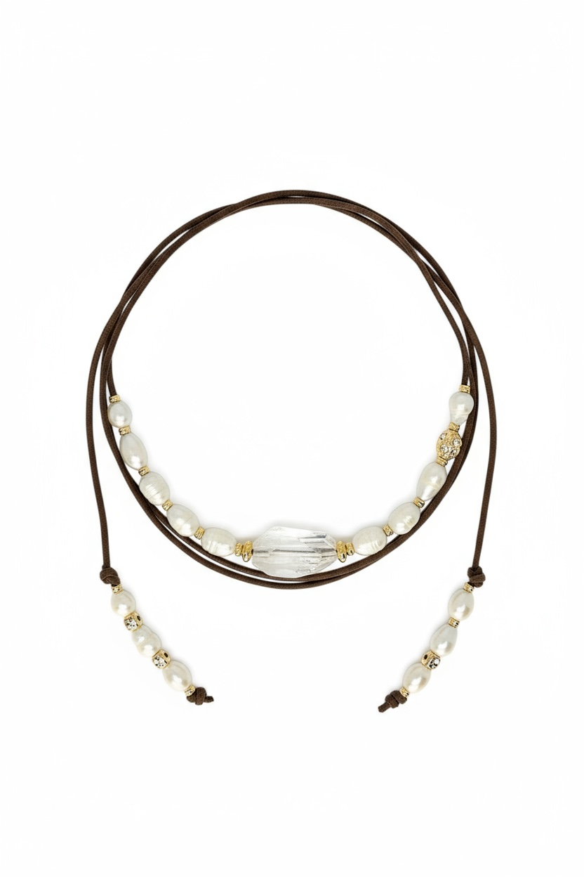 Collier Perles d’eau douce & Cristal de roche double tour