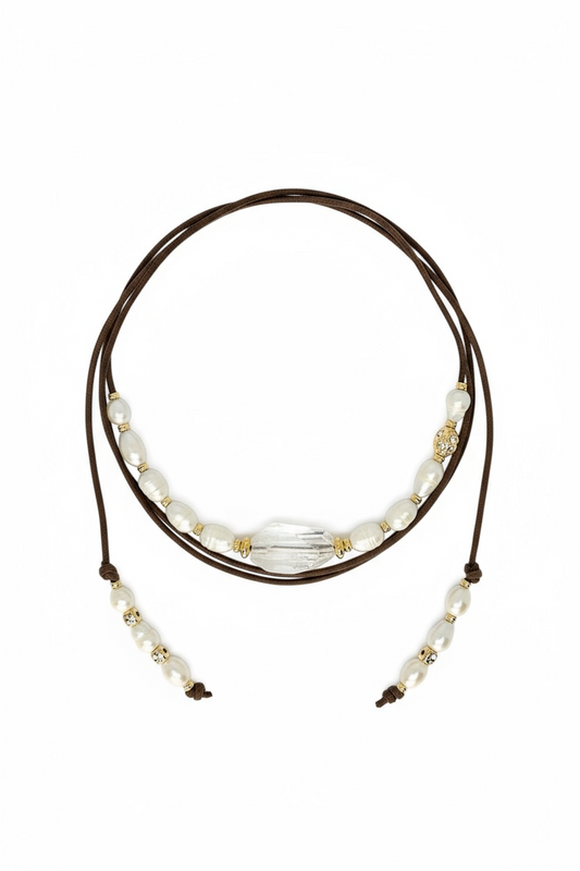 Collier Perles d’eau douce & Cristal de roche double tour