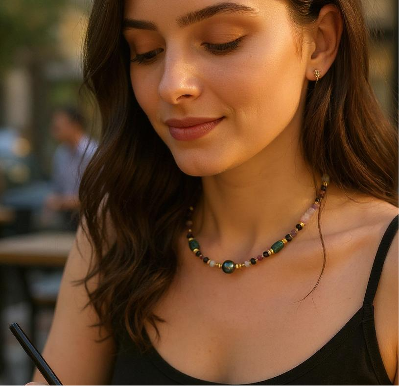 Collier “Ancrage du cœur” perle de Tahiti, tourmaline et émeraude