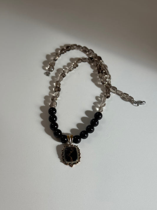 Collier Turquoise noire, Quartz fumé & Grenat