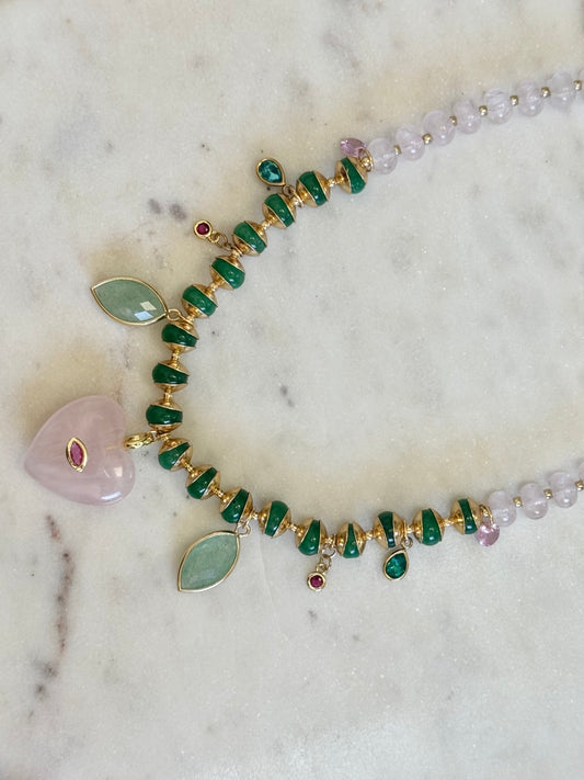 Colliers Charms, Quartz rose, Aventurine & Jade — L’harmonie du cœur