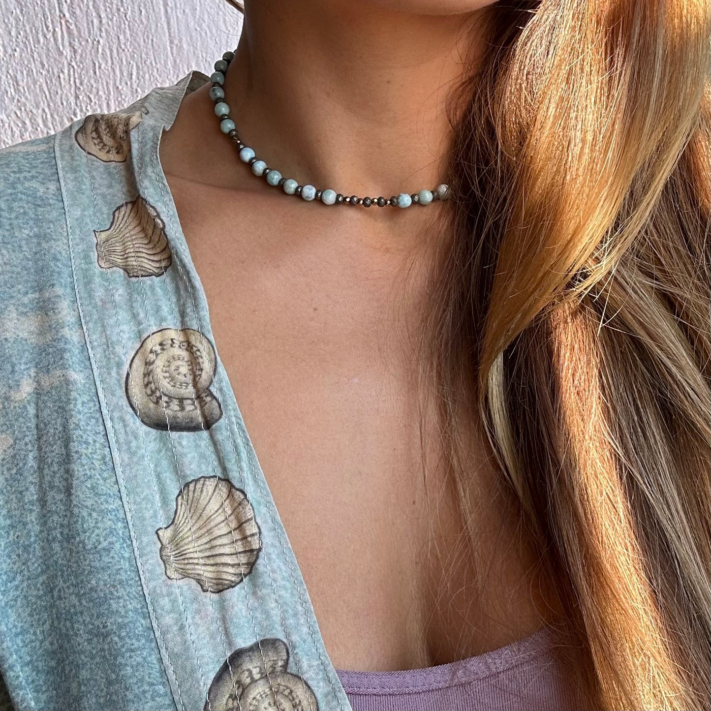 Collier Larimar et Pyrite