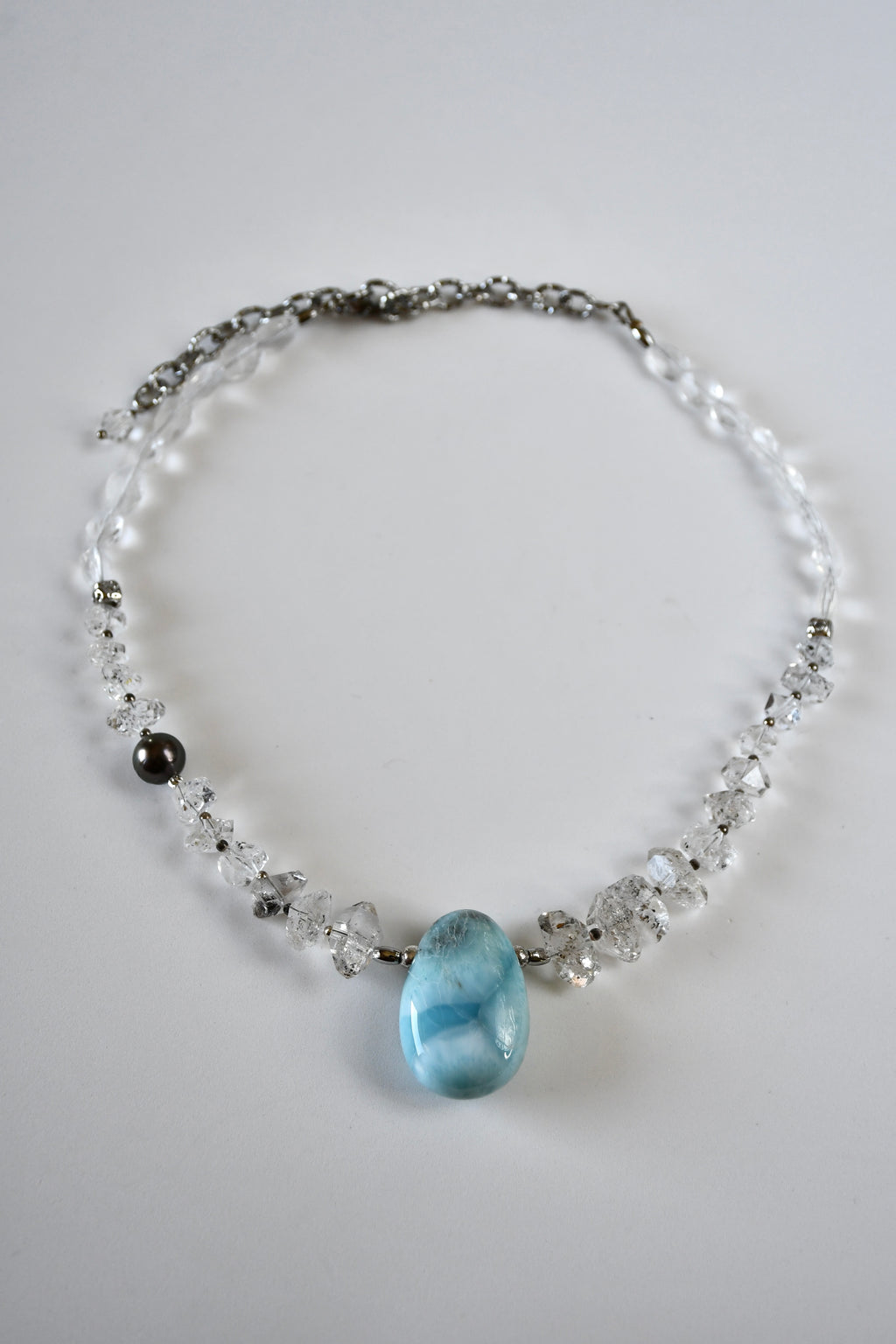 Collier Larimar, Diamants Herkimer & Perle de Tahiti