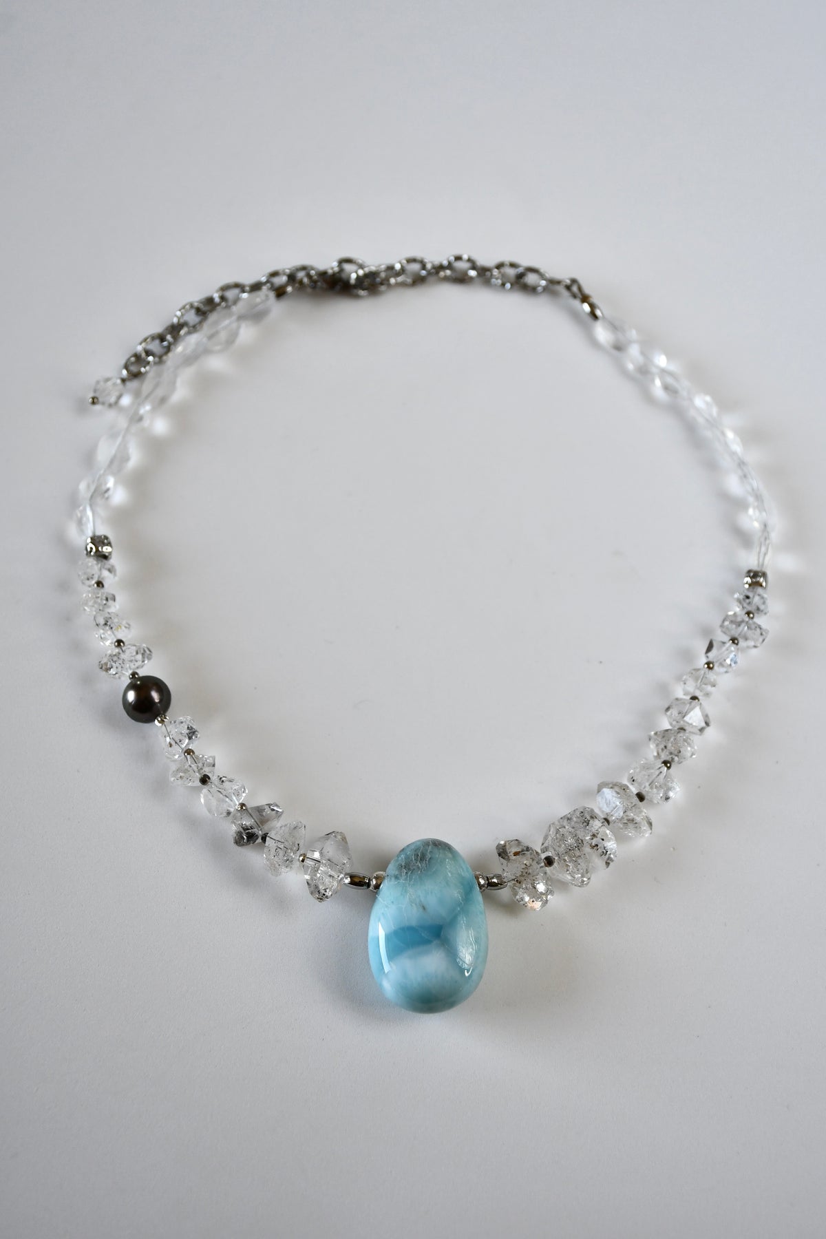Collier Larimar, Diamants Herkimer & Perle de Tahiti