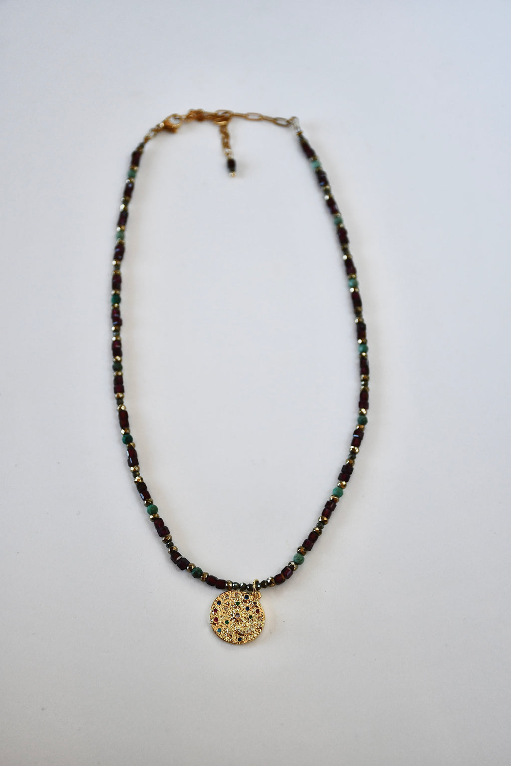 Collier Grenat, Chrysocolle & Pyrite — Le Feu Sacré