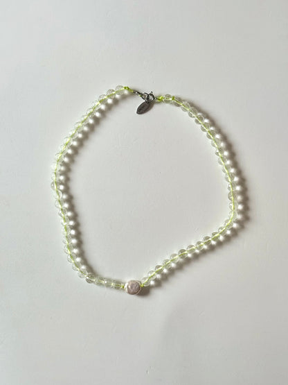 Collier Cristal de roche & Perle sur nylon jaune