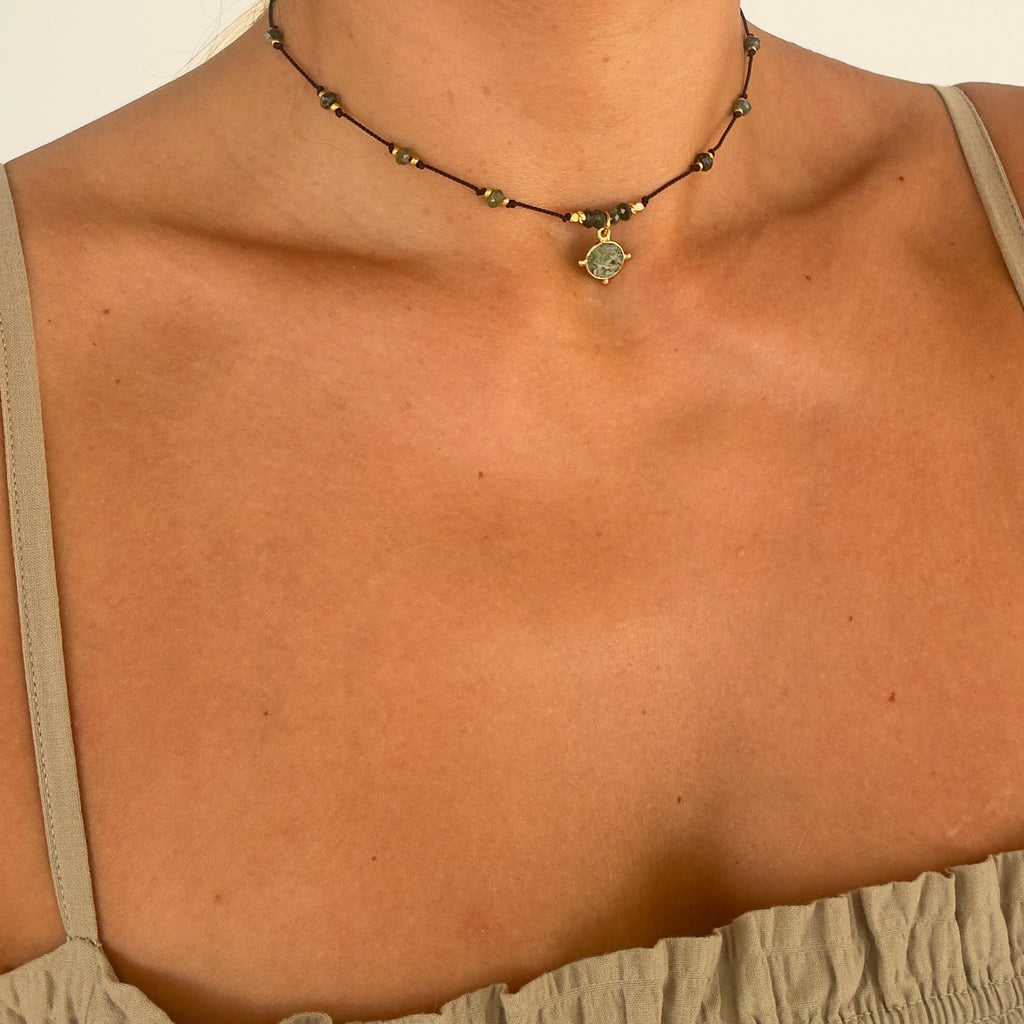 Collier de soie Agate Mousse et Jaspe Vert
