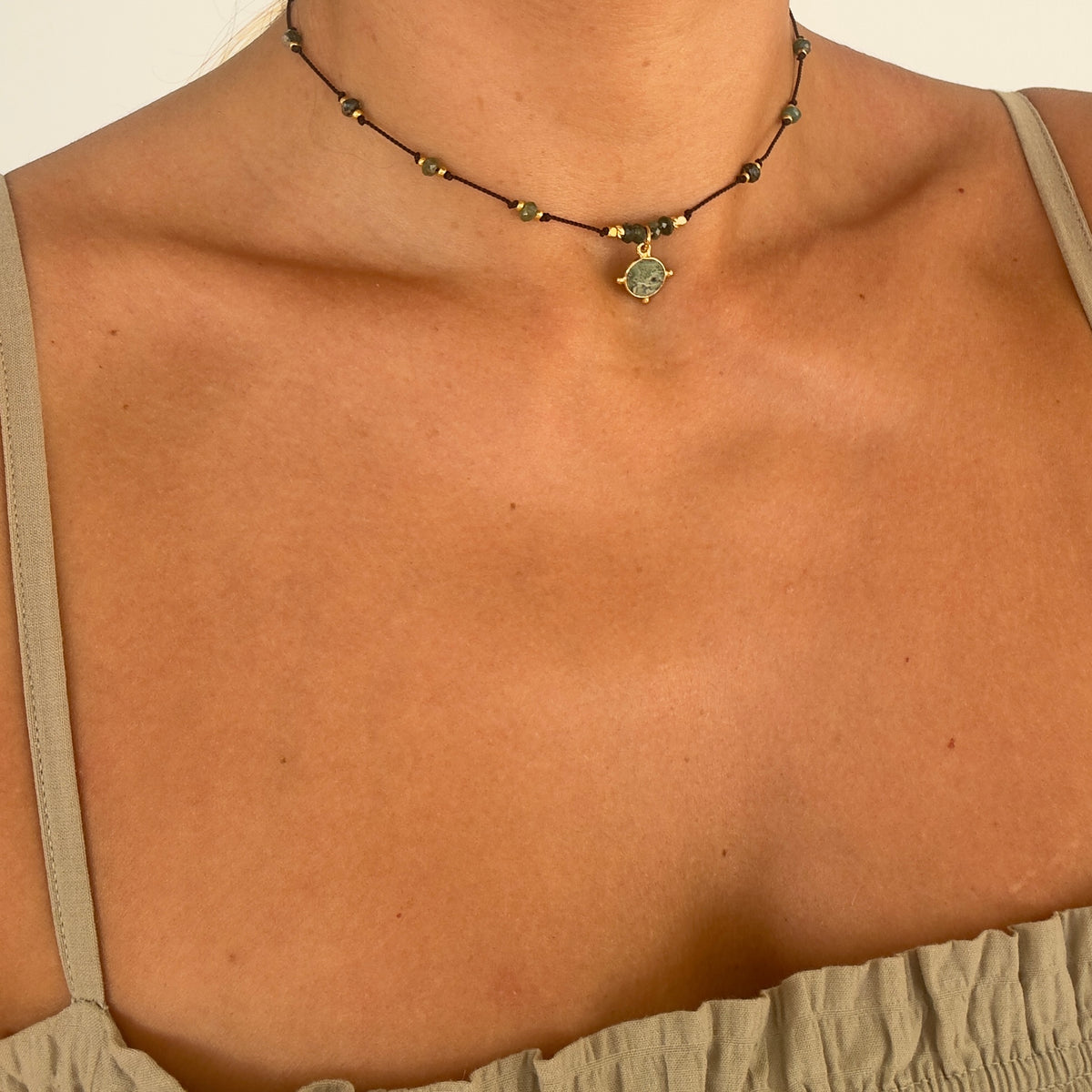Collier de soie Agate Mousse et Jaspe Vert
