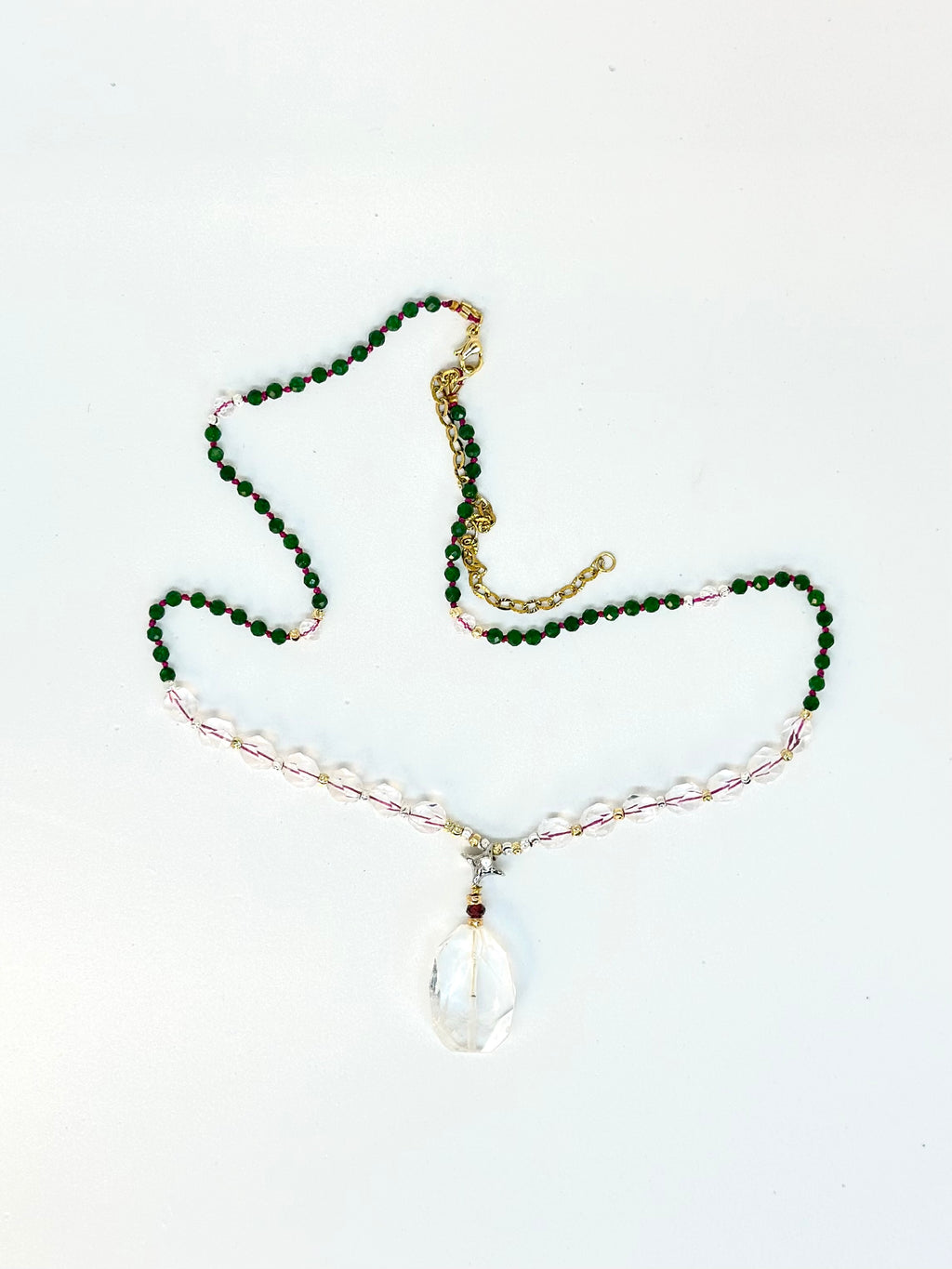#125 Collana Giada verde, Cristallo di rocca, Granato