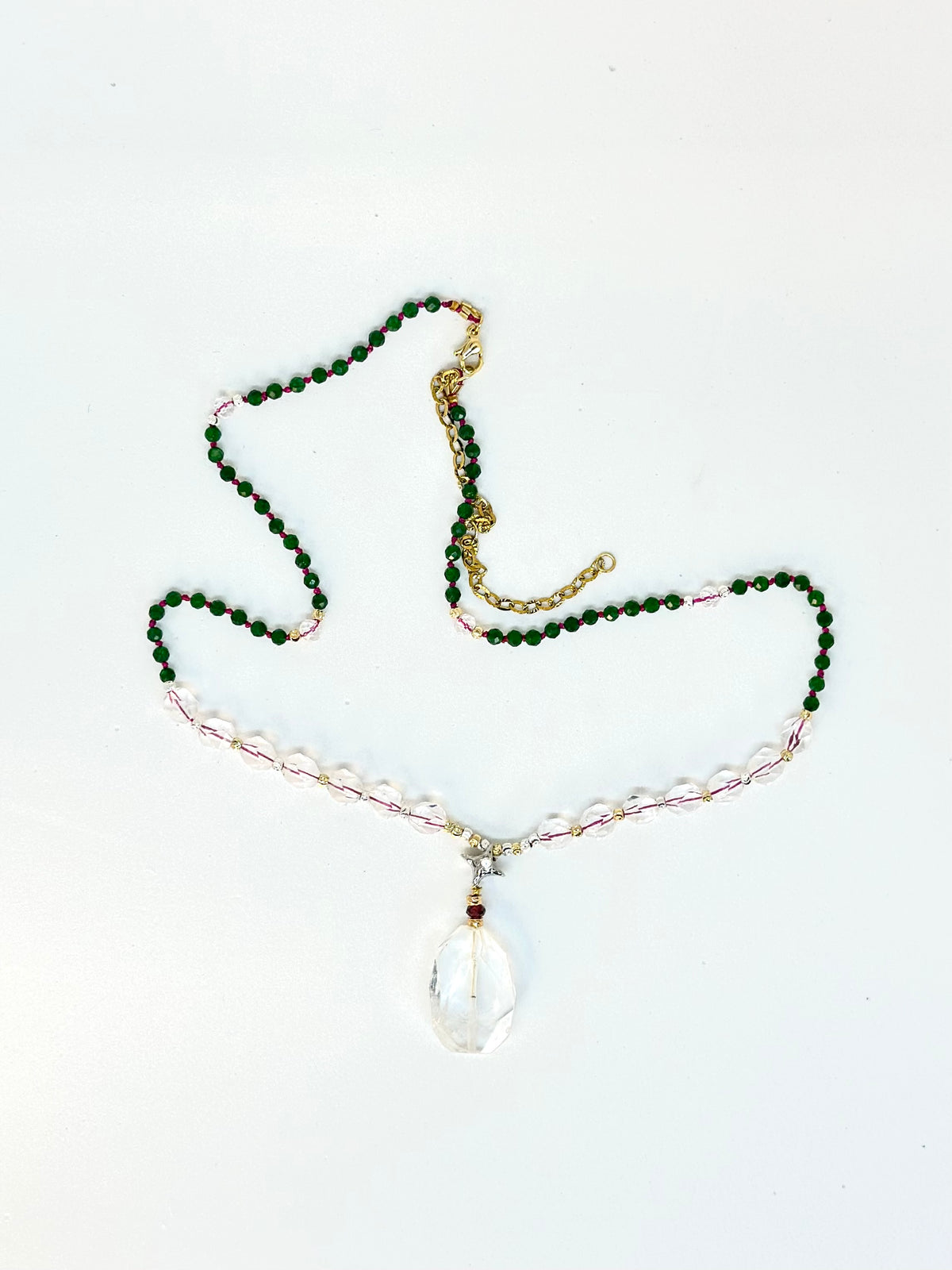 #125 Collana Giada verde, Cristallo di rocca, Granato