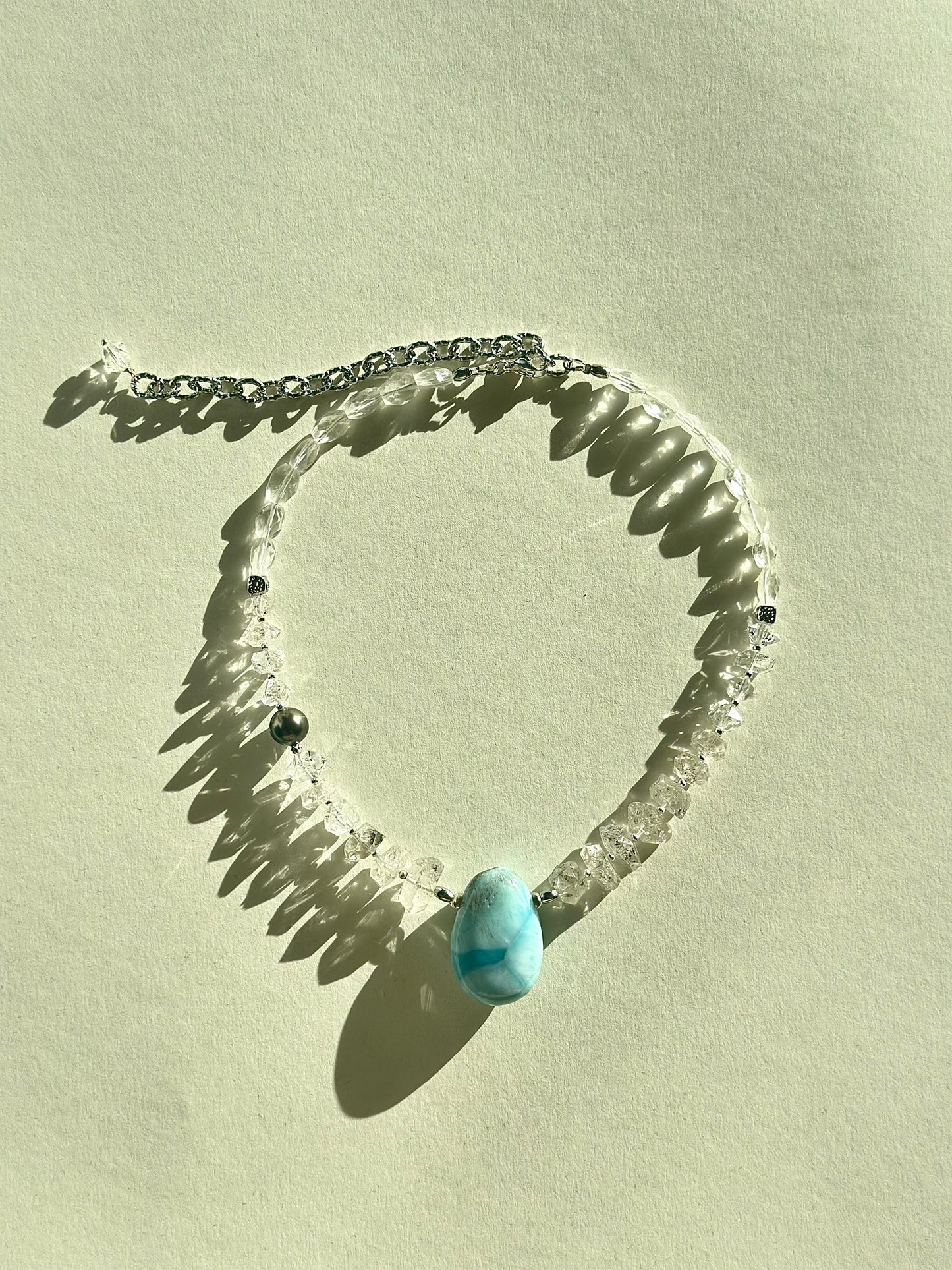 #161 Collier Larimar, Herkimer, Perle de Tahiti & Cristal