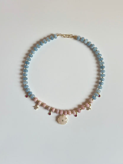 Halsketten Opal, Aquamarin & Rosenquarz + Anhänger