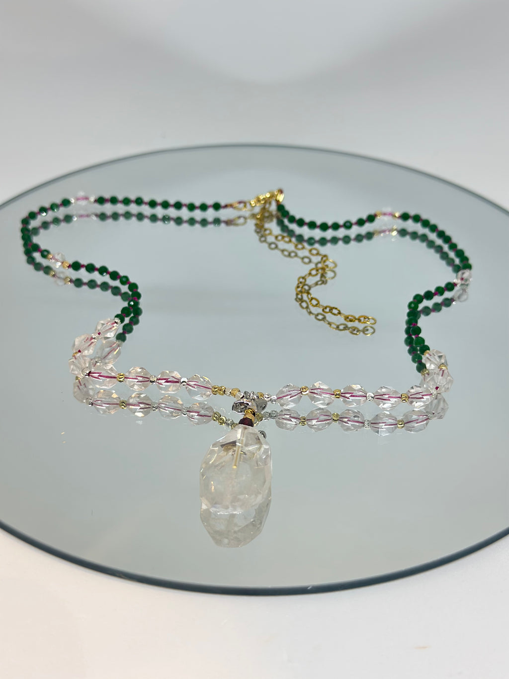 #125 Collana Giada verde, Cristallo di rocca, Granato