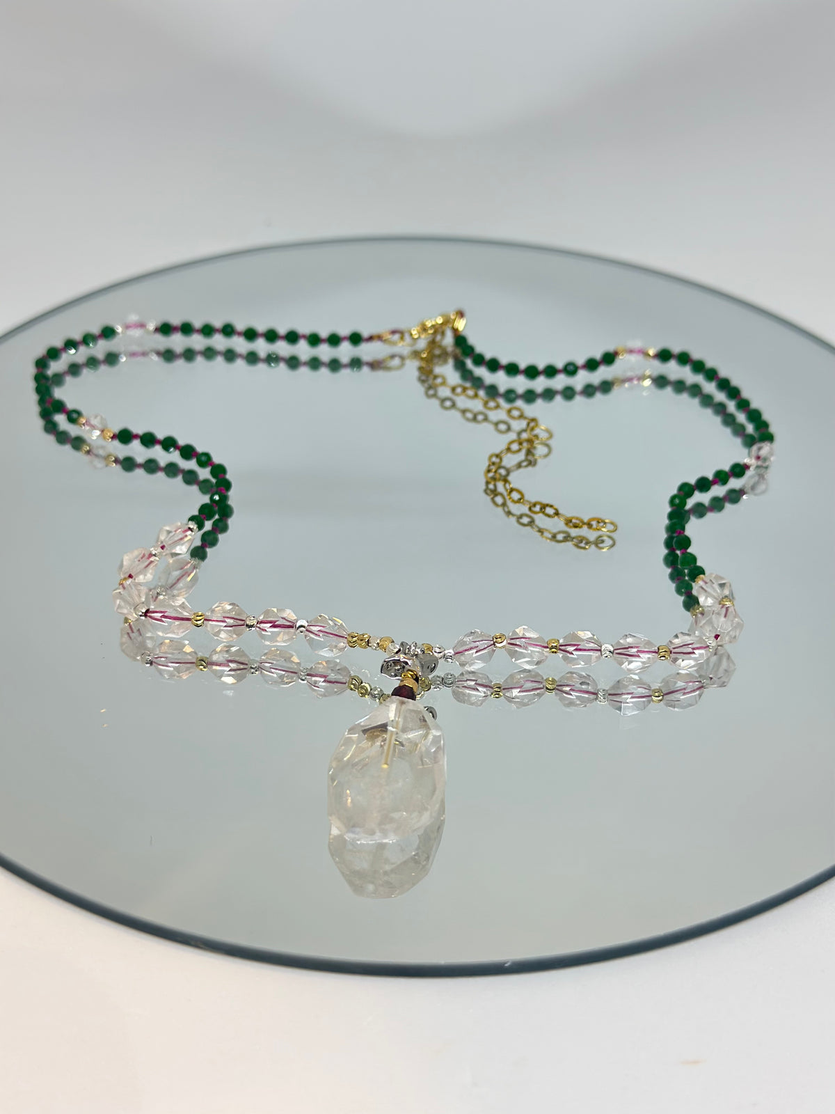 #125 Collana Giada verde, Cristallo di rocca, Granato