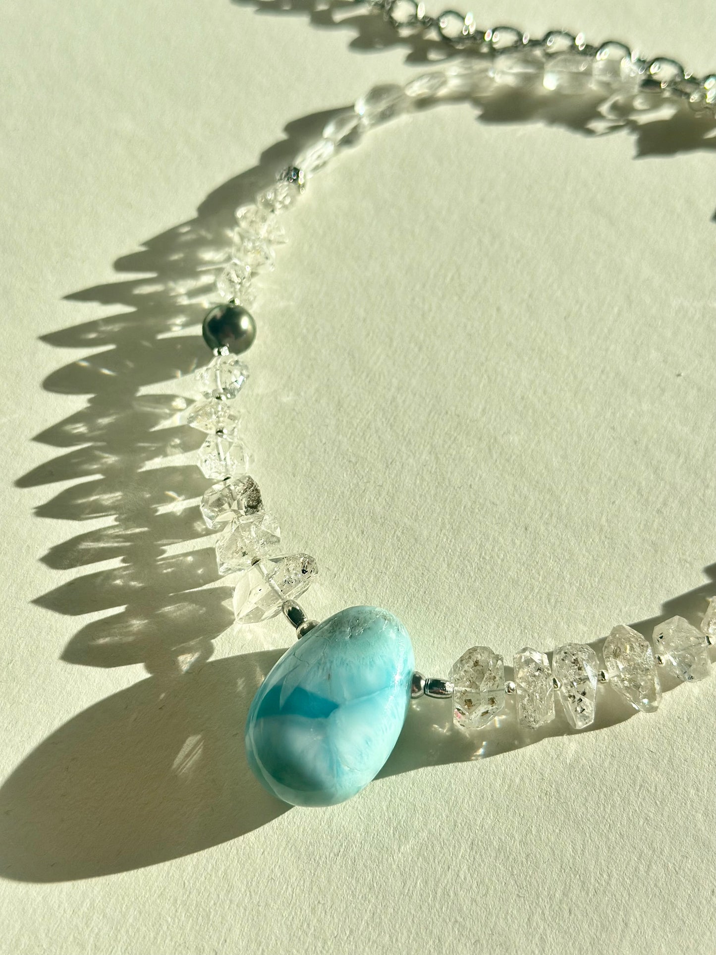 #161 Collier Larimar, Herkimer, Perle de Tahiti & Cristal
