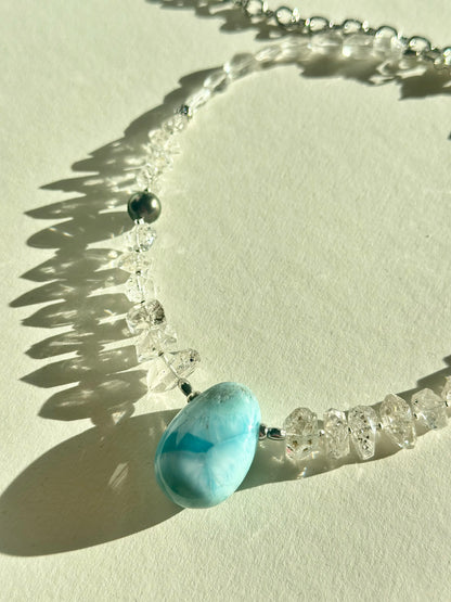#161 Collier Larimar, Herkimer, Perle de Tahiti & Cristal