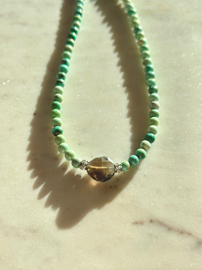 Collier Turquoise péruvienne & Quartz fumé — Ancrage lumineux et protection douce