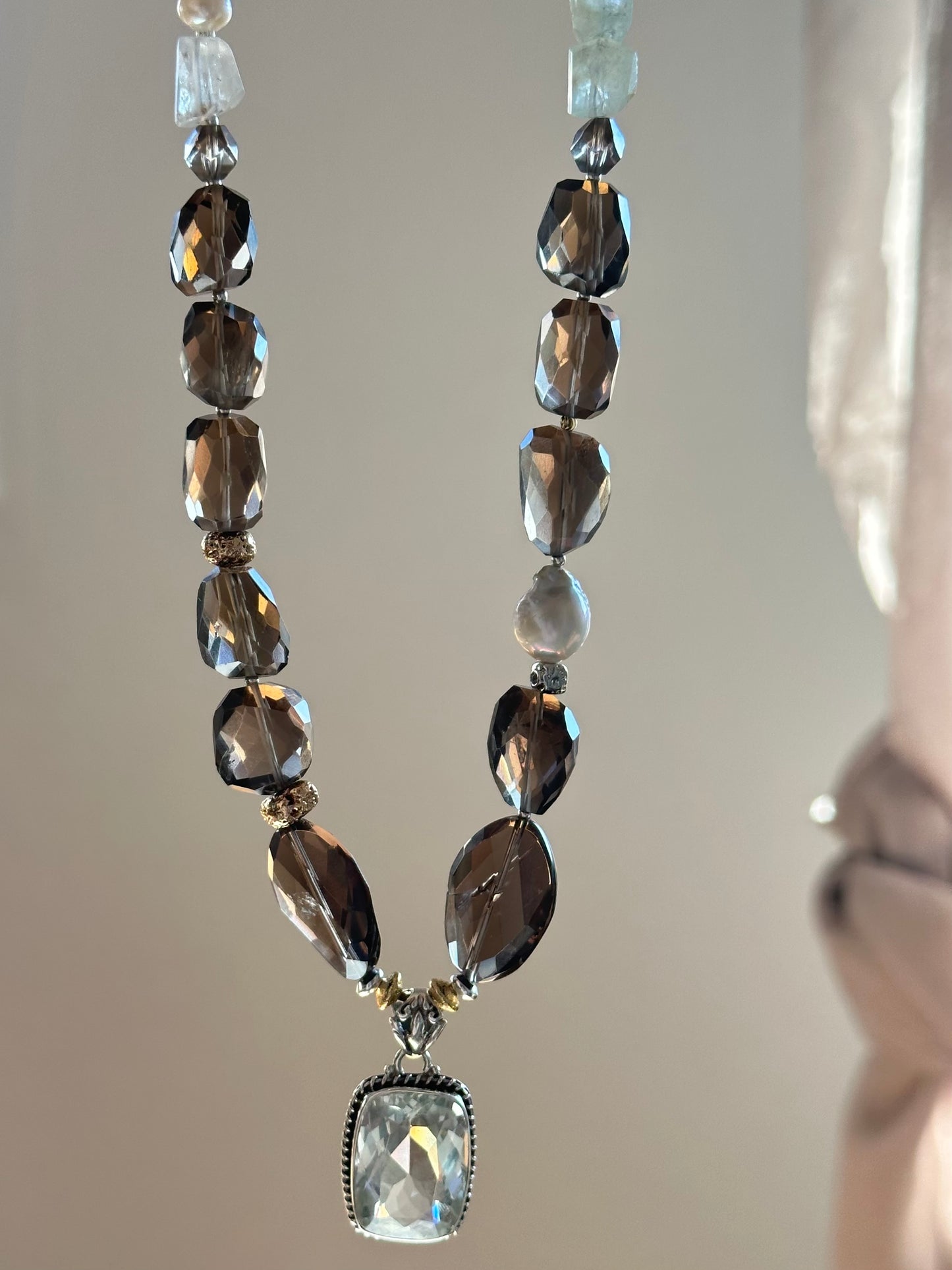 Collier Quartz fumé, Aigue-Marine & Améthyste verte