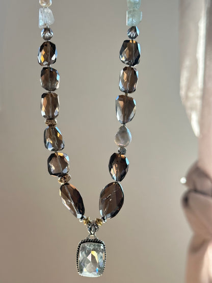 Collier Quartz fumé, Aigue-Marine & Améthyste verte